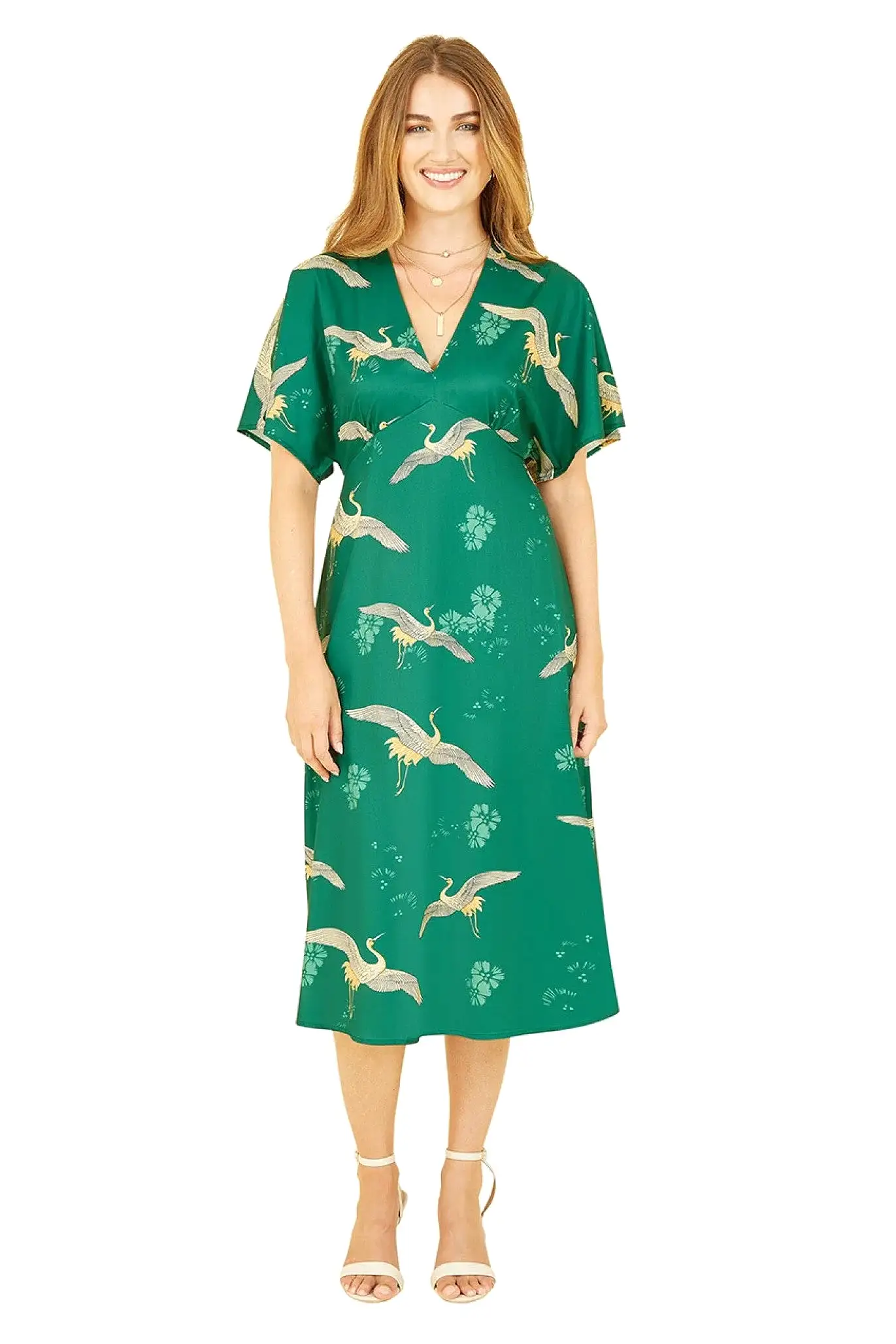 Yumi Green Crane Print Kimono Midi Dress