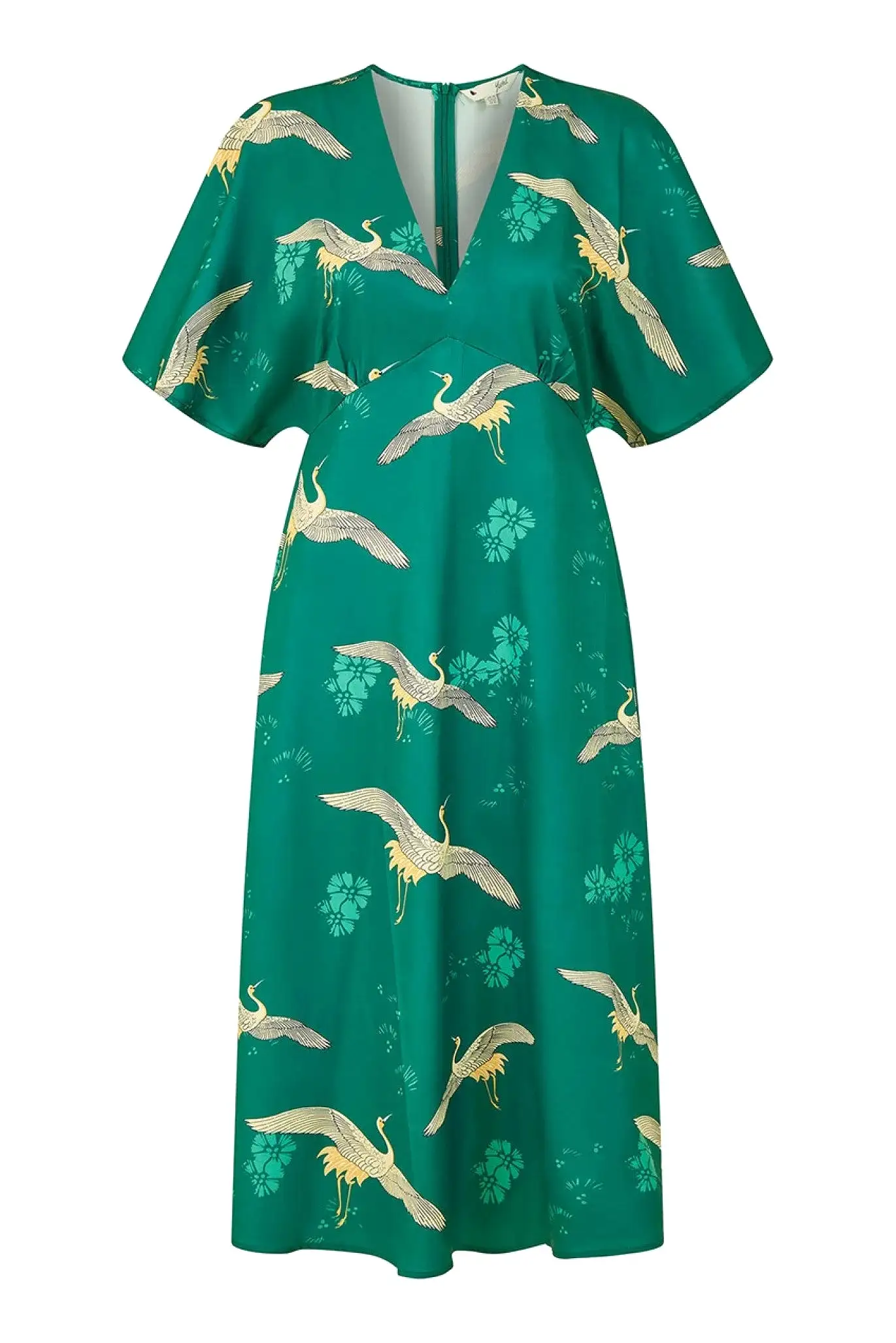 Yumi Green Crane Print Kimono Midi Dress