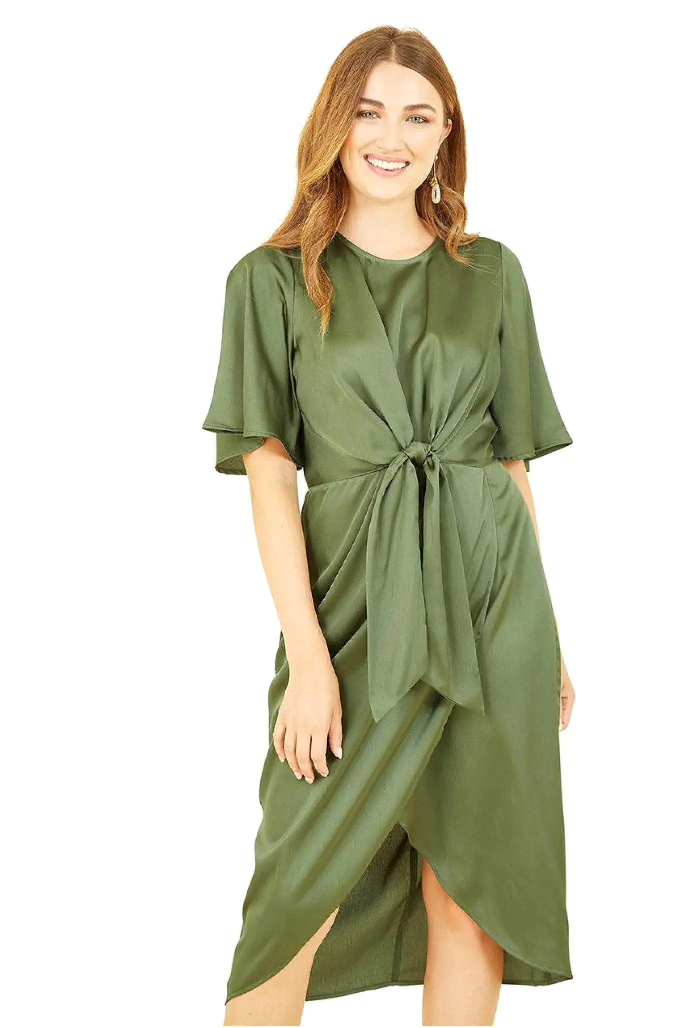 Yumi Green Satin Tie Detail Midi Dress