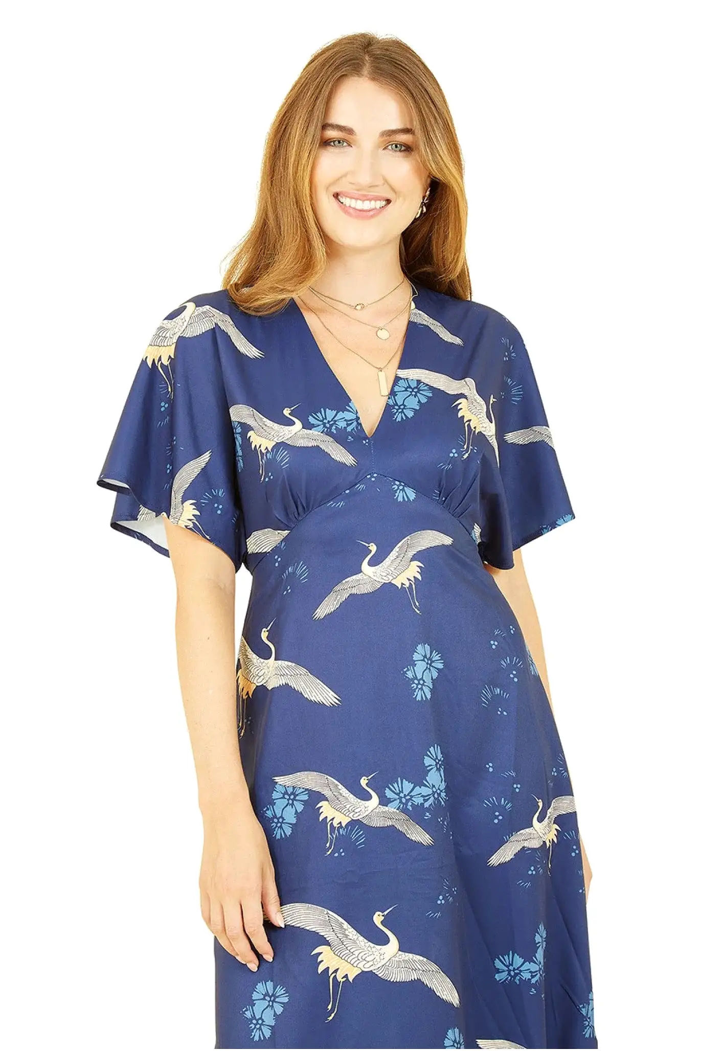 Yumi Navy Crane Print Kimono Midi Dress